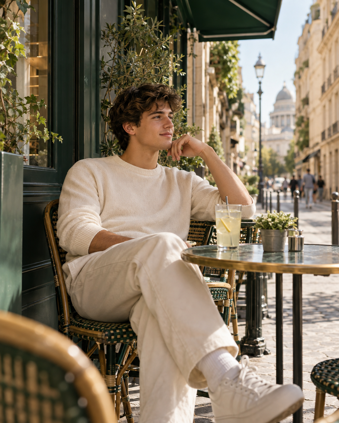 Un jeune homme profite d’une pause en terrasse, seul et détendu.
